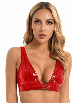 iEFiEL Damen Wetlook Leder Brustfrei Crop Top Erotik Dessous Bauchfrei Oberteil BH Bralette Tanktops Reizwäsche Schwarz T Rot L von iEFiEL