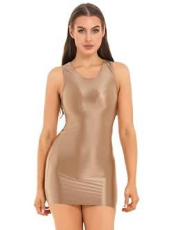 iEFiEL Damen Wetlook Minikleid Ärmellose Kleid Kurz Figurbetont Partykleid Eng Stretch Kleider Gogo Party Clubwear Kaffee L von iEFiEL