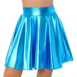 iEFiEL Damen Wetlook Rock Kurze Minirock Shiny Metallic Plisseerock Mini Skater Rock Low Rise Röcke Tanz Tutu Party Club Kostüm Blau B M von iEFiEL