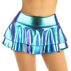 iEFiEL Damen Wetlook Rock Kurze Minirock Shiny Metallic Plisseerock Mini Skater Rock Low Rise Röcke mit 2 Lagen Tutu Party Karneval faschingskostüm Blau XXL von iEFiEL