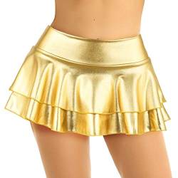 iEFiEL Damen Wetlook Rock Kurze Minirock Shiny Metallic Plisseerock Mini Skater Rock Low Rise Röcke mit 2 Lagen Tutu Party Karneval faschingskostüm Gold L von iEFiEL