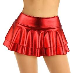 iEFiEL Damen Wetlook Rock Kurze Minirock Shiny Metallic Plisseerock Mini Skater Rock Low Rise Röcke mit 2 Lagen Tutu Party Karneval faschingskostüm Rot L von iEFiEL