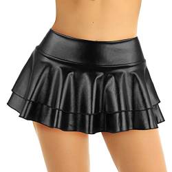 iEFiEL Damen Wetlook Rock Kurze Minirock Shiny Metallic Plisseerock Mini Skater Rock Low Rise Röcke mit 2 Lagen Tutu Party Karneval faschingskostüm Schwarz S von iEFiEL