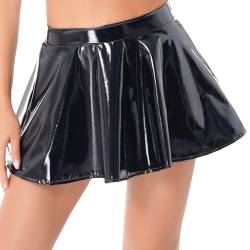 iEFiEL Damen Wetlook Rock Lackleder Minirock Glänzende Plisseerock Skater Rock Kurz Lederrock Rave Party Clubwear Schwarz XL von iEFiEL