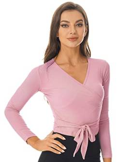 iEFiEL Damen Wrap Top Ballett Trikot Oberteile Langarm Tanz Top Gym Yoga Outfits Sportshirt Bolero Elegante Ballett Kleidung Rosa S von iEFiEL