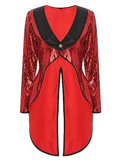 iEFiEL Damen Zirkus Kostüm Vintage Mantel Showman Frack Jacke Ringmaster Blazer Samt Smoking Halloween Karneval Cosplay Kostüm Uniform W Rot Glitzer L von iEFiEL