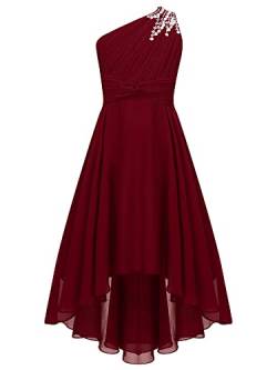 iEFiEL Elegante Mädchen Kleid Festlich EIN-Schulter Hochzeitskleid Blumenmädchenkleider Lange Abendkleid Vokuhila Kleid Partykleid Faltenrock A Burgundy 134-140 von iEFiEL