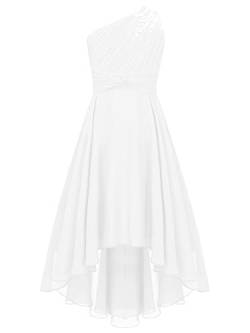 iEFiEL Elegante Mädchen Kleid Festlich EIN-Schulter Hochzeitskleid Blumenmädchenkleider Lange Abendkleid Vokuhila Kleid Partykleid Faltenrock A Elfenbein 170-176 von iEFiEL