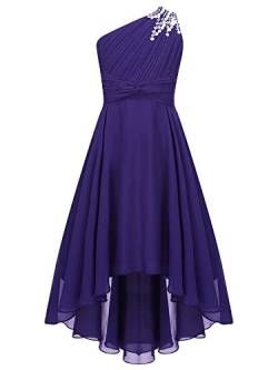 iEFiEL Elegante Mädchen Kleid Festlich EIN-Schulter Hochzeitskleid Blumenmädchenkleider Lange Abendkleid Vokuhila Kleid Partykleid Faltenrock A Violett 134-140 von iEFiEL