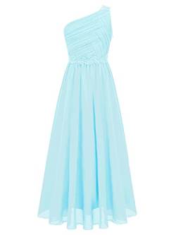 iEFiEL Elegante Mädchen Kleid Festlich EIN-Schulter Hochzeitskleid Lang Blumenmädchenkleider Prinzessin Kleid Cocktailkleid Chiffon Partykleid Hell Blau 134-140 von iEFiEL