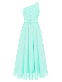 iEFiEL Elegante Mädchen Kleid Festlich EIN-Schulter Hochzeitskleid Lang Blumenmädchenkleider Prinzessin Kleid Cocktailkleid Chiffon Partykleid Minzgrün 158-164 von iEFiEL