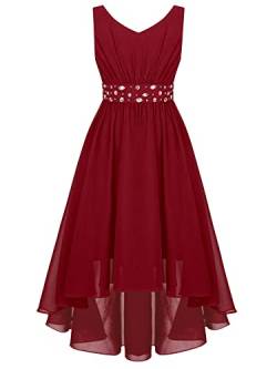 iEFiEL Elegante Mädchen Kleid Festlich V-Ausschnitt Blumenmädchenkleider Hi-Lo Hochzeit Chiffon Sommerkleid Partykleider Ballkleider Festzug A Burgundy 116 von iEFiEL