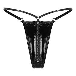 iEFiEL Frauen Wetlook Slips Mini Strings Tanga Offener Schritt Design Briefs Kunstleder Unterwäsche Dessous Unterhosen Schwarz Zipper XL von iEFiEL