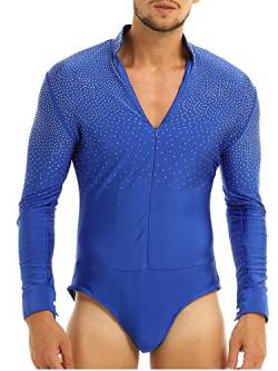 iEFiEL Glitzer Herren Latein Hemd V-Ausschnitt Tango Rumba Hemd Body Einteiler mit Knöpfen im Schritt Turnier Shirt Trikot Tanz Kostüm Blau XL von iEFiEL