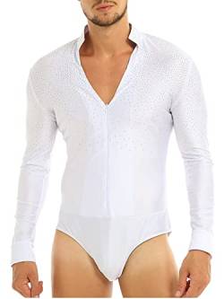 iEFiEL Glitzer Herren Latein Hemd V-Ausschnitt Tango Rumba Hemd Body Einteiler mit Knöpfen im Schritt Turnier Shirt Trikot Tanz Kostüm Weiß XL von iEFiEL