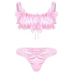 iEFiEL Herren Dessous Satin BH Büstenhalter Crop Top + Sissy Höschen Tanga Slips Unterwäsche Set Männer Reizwäsche Bikini Set M-XL D_ Rosa XL von iEFiEL