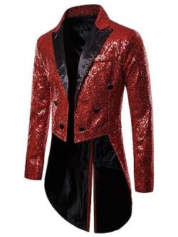 iEFiEL Herren Glitzer Frack Jacke Pailletten Sakko Smoking Mantel Blazer Freizeit 70er Disco Kostüm Anzugjacke Mottoparty Kostüm Rot XL von iEFiEL