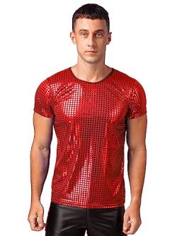 iEFiEL Herren Glitzer T-Shirts mit Pailletten Kurzarm Top Vintage Oberteile 70er Disco Tanzkostüm Oberteile Sportlich Shirts Rot S von iEFiEL