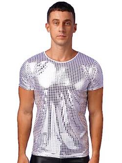 iEFiEL Herren Glitzer T-Shirts mit Pailletten Kurzarm Top Vintage Oberteile 70er Disco Tanzkostüm Oberteile Sportlich Shirts Silber M von iEFiEL