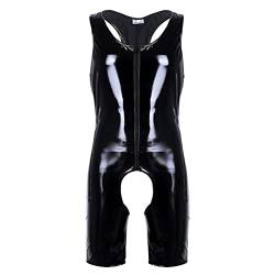 iEFiEL Herren Lackleder Overalls Wetlook Dessous Unterhemd Fitness Body Ouvert-Panties Trikot Bodysuit Ringershirt Schwarz Clubwear Schwarz XL von iEFiEL