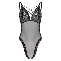 iEFiEL Herren Mesh Transparent Bodysuit Spitze Unterhemd Männer Bikini Slips Stringbody Dessous Unterwäsche Schwarz Rose Schwarz D XL von iEFiEL