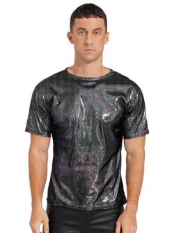 iEFiEL Herren Metallic T-Shirts Kurzarm Hemd Glänzende Oberteile Halloween 70er 80er Disco Tanzkostüm Top Sommer Freizeitshirts Dunkelgrau XXL von iEFiEL