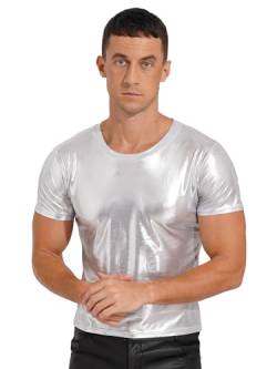 iEFiEL Herren Metallic T-Shirts Kurzarm Hemd Glänzende Oberteile Halloween 70er 80er Disco Tanzkostüm Top Sommer Freizeitshirts Silber L von iEFiEL