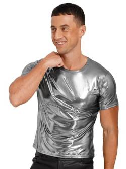 iEFiEL Herren Metallic T-Shirts Kurzarm Hemd Glänzende Oberteile Halloween 70er 80er Disco Tanzkostüm Top Sommer Freizeitshirts X Grau L von iEFiEL