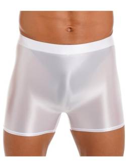 iEFiEL Herren Öl Boxershorts Glanz Unterwäsche Stretch Boxer Briefs Lang Unterhose Männer Kurz Höschen Eng Shiny Reizwäsche Weiß L von iEFiEL