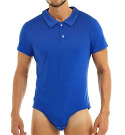 iEFiEL Herren Overall mit Kent Kragen Kurzarm Poloshirt Hemd Bodysuit mit Druckknöpfe im Schritt Männer Sportbody Tops Clubwear Blau XL von iEFiEL