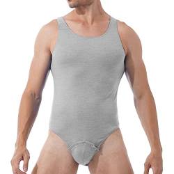 iEFiEL Herren Overall mit Kent Kragen Kurzarm Poloshirt Hemd Bodysuit mit Druckknöpfe im Schritt Männer Sportbody Tops Clubwear W Grau Ärmellos XXL von iEFiEL