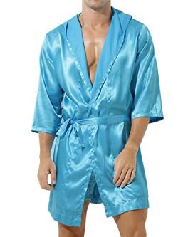 iEFiEL Herren Satin Bademantel mit Kapuze und Gürtel Pyjamas Morgenmantel Nachtwäsche Einfarbig Robe Blau L von iEFiEL