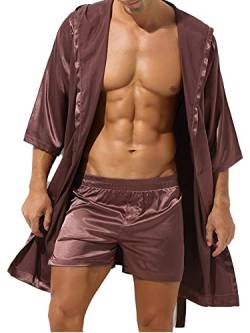 iEFiEL Herren Satin Bademantel mit Kapuze und Gürtel Pyjamas Morgenmantel Nachtwäsche Einfarbig Robe Kaffee XL von iEFiEL