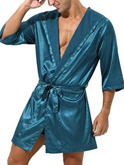 iEFiEL Herren Satin Bademantel mit Kapuze und Gürtel Pyjamas Morgenmantel Nachtwäsche Einfarbig Robe Teal L von iEFiEL