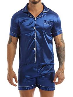 iEFiEL Herren Schlafanzug lang/kurz Satin Jungen Herren Pyjama kurz V-Ausschnitt Schlafanzug Zweiteiliger Sommer Loungewear Marineblau (Herren) L von iEFiEL