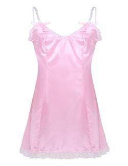 iEFiEL Herren Sissy Kleid lang Satin Nachthemd Nachtkleid mit Spitzen Saum Schlafanzug elegant Herrenkleid weich Pyjama Kleider Rosa XXL von iEFiEL