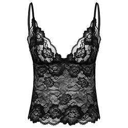 iEFiEL Herren Sissy Unterwäsche Spitze Dessous Transparent Unterhemd V-Ausschnitt T-Shirt Bralette Bra Top Lace BH Clubwear Gogo S-2XL Schwarz XL von iEFiEL