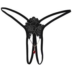 iEFiEL Herren Spitzen G-String mit Perlen Stickerei Sissy Unterhose Offener Schritt Unterwäsche Aushöhlen Slip Erotisch Dessous Schwarz A Einheitsgröße von iEFiEL