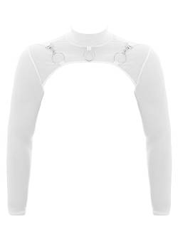 iEFiEL Herren T-Shirt Langarm Unterhemd Leder-Optik Brust Harness mit Metallic Knopf Glänzend Männer Muskelshirt Shrug Top Clubwear M-XL Weiß Mesh 3XL von iEFiEL