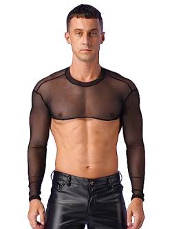 iEFiEL Herren T-Shirt Langarm Unterhemd Leder-Optik Brust Harness mit Metallic Knopf Glänzend Männer Muskelshirt Shrug Top Clubwear M-XL X Schwarz M von iEFiEL