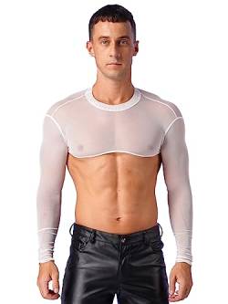 iEFiEL Herren T-Shirt Langarm Unterhemd Leder-Optik Brust Harness mit Metallic Knopf Glänzend Männer Muskelshirt Shrug Top Clubwear M-XL X Weiß M von iEFiEL