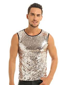 iEFiEL Herren T-Shirt Pailletten Glitzer Hemd mit Kragen Retro Freizeit Shirt Tops Nachtclub Karneval Party Muskelshirt in Silber,Schwarz, Gold Gold Ärmellose L von iEFiEL