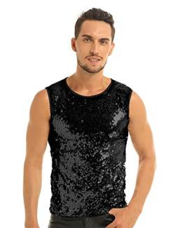 iEFiEL Herren T-Shirt Pailletten Glitzer Hemd mit Kragen Retro Freizeit Shirt Tops Nachtclub Karneval Party Muskelshirt in Silber,Schwarz, Gold Schwarz Ärmellose M von iEFiEL