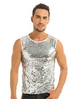 iEFiEL Herren T-Shirt Pailletten Glitzer Hemd mit Kragen Retro Freizeit Shirt Tops Nachtclub Karneval Party Muskelshirt in Silber,Schwarz, Gold Weiß Ärmellose L von iEFiEL