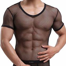 iEFiEL Herren Top T-Shirt Kurzarm Netzhemd Unterhemd Erotik Guywear Dessous Transparent (L, Schwarz) von iEFiEL