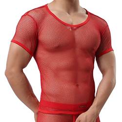iEFiEL Herren Top T-Shirt Kurzarm Netzhemd Unterhemd Erotik Guywear Dessous Transparent (XL, Rot) von iEFiEL