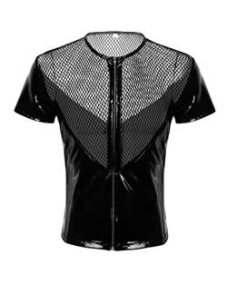 iEFiEL Herren Unterhemden Glänzend Shirt Lackleder Netz Top Männer Muskelshirt Tops Kurzarm Sommer T-Shirt Clubwear Schwarz XXL von iEFiEL