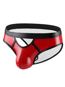 iEFiEL Herren Unterhosen Männer Slip Unterwäsche Wetlook Herren Mesh/Leder Nachtwäsche Reizvoller Jockstrap Offen M-XL X Rot M von iEFiEL