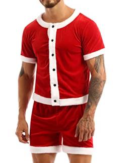 iEFiEL Herren Weihnachtsmann Kostüm Nikolauskostüm Samt Weste mit Kapuze Jäckchen Top & Shorts Sexy Weihnachtskostüm mit Ledergürtel Rot Short Set XXL von iEFiEL