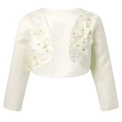 iEFiEL Kinder Bolero Schulterjacke Jäckchen Mädchen Bolero Jacke Festlich - Langarm Weiß Ivory zum Kommunionkleid Taufkleid Champagner 3D Blumen 110-116 von iEFiEL